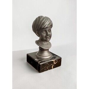 Vintage Metal Boy Bust Statue Black Marble Base Heavy Mid Century Sculpture 50s